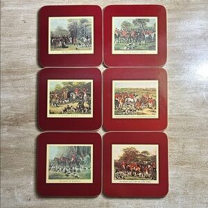 Vintage 6 piece Hunts Hound Clover Leaf Table coasters with box.